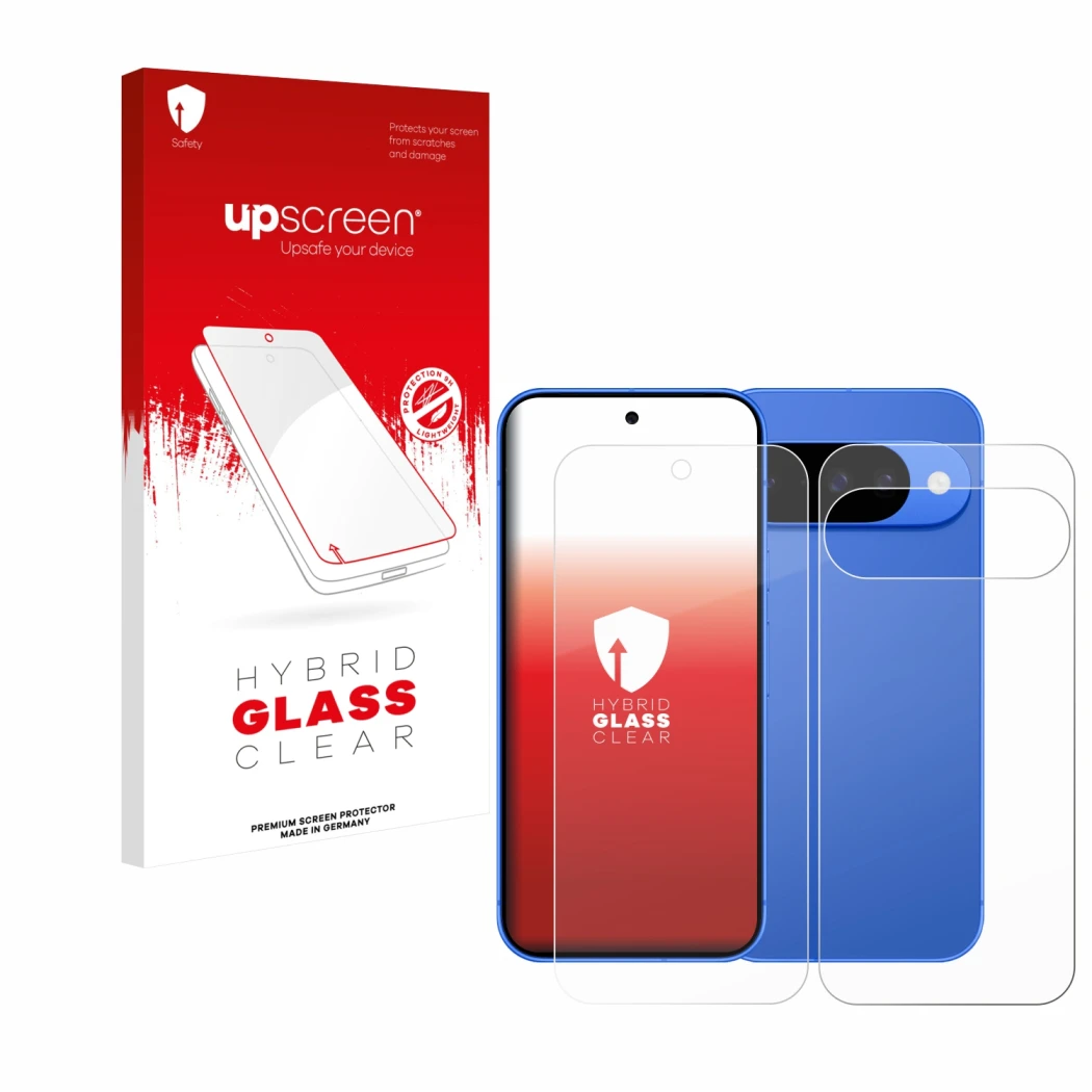 Front side of a product packaging with the brand logo upscreen. Next to it is the device Google Pixel 10 (Front+Back) shown wi