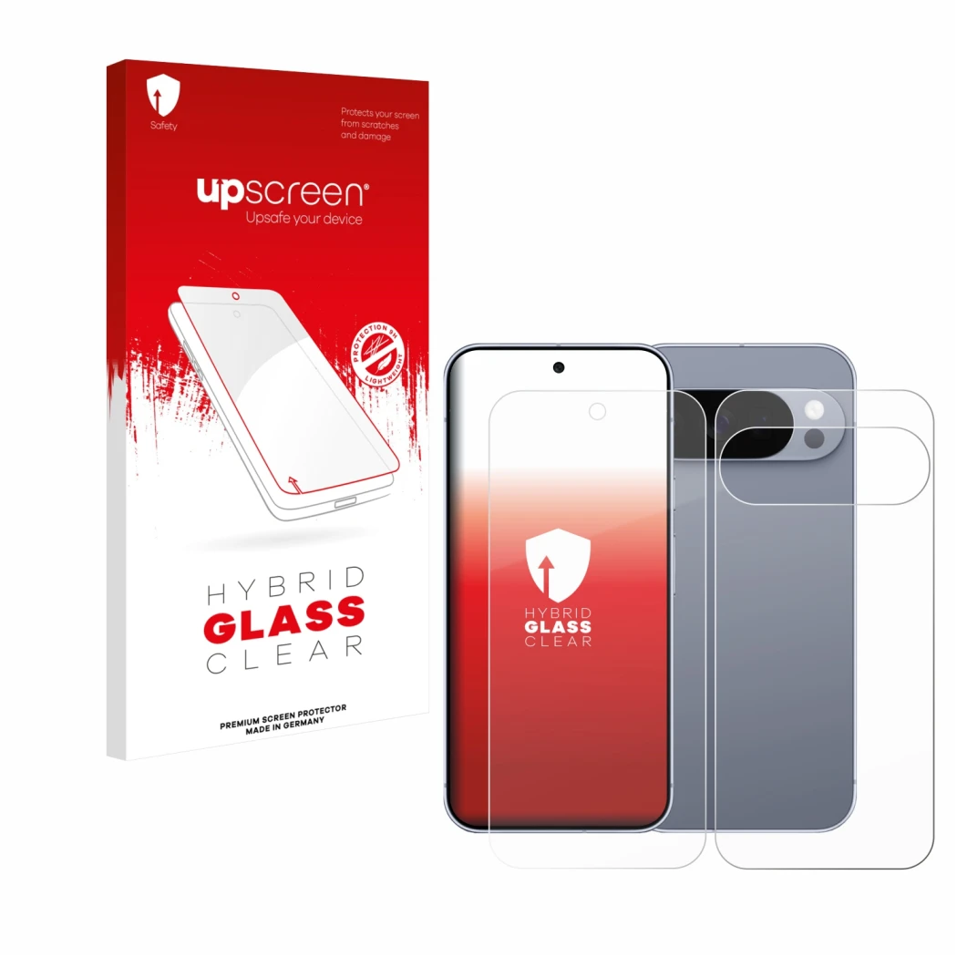 Front side of a product packaging with the brand logo upscreen. Next to it is the device Google Pixel 10 Pro (Front+Back) show