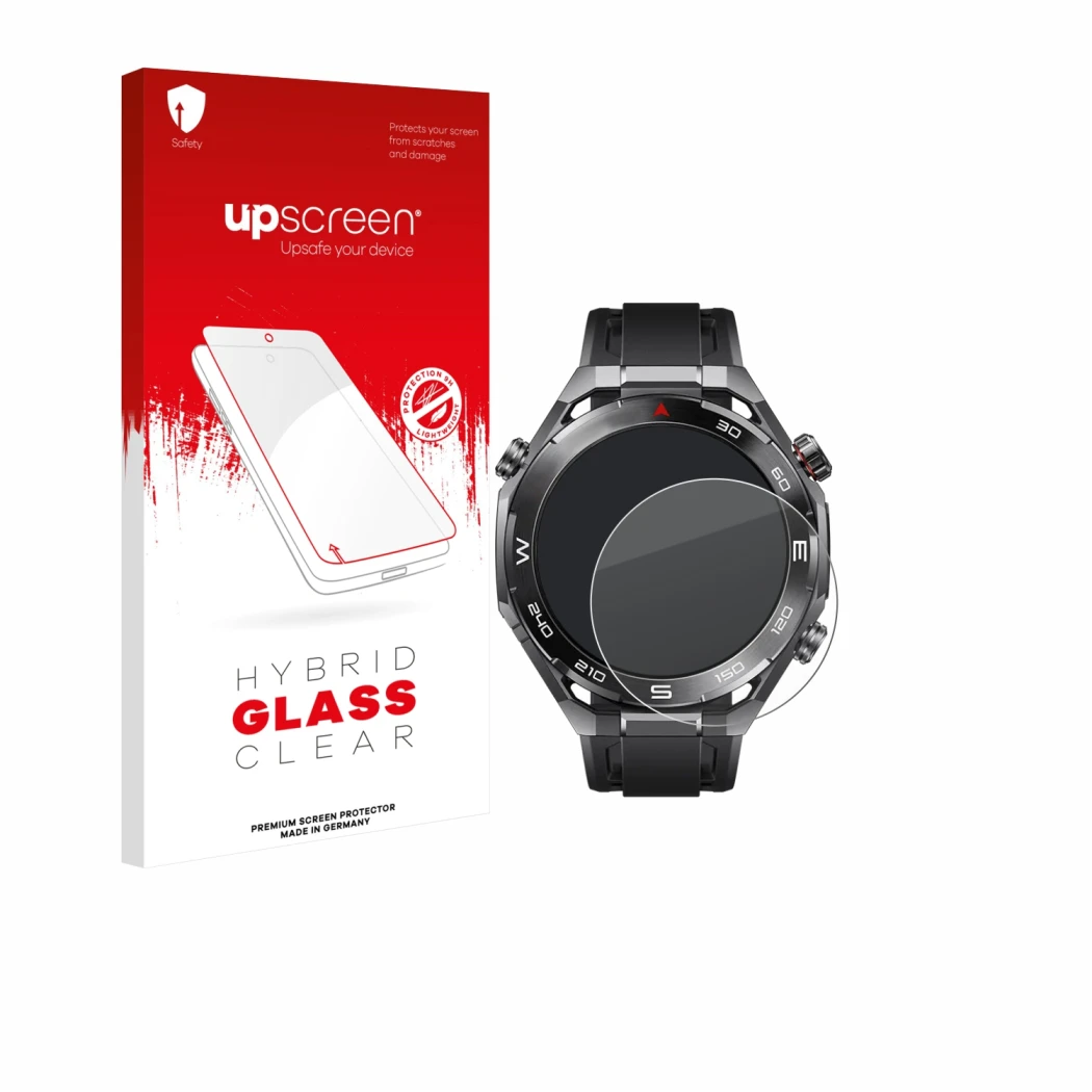 Front side of a product packaging with the brand logo upscreen. Next to it is the device Huawei Watch Ultimate 2 Black shown w