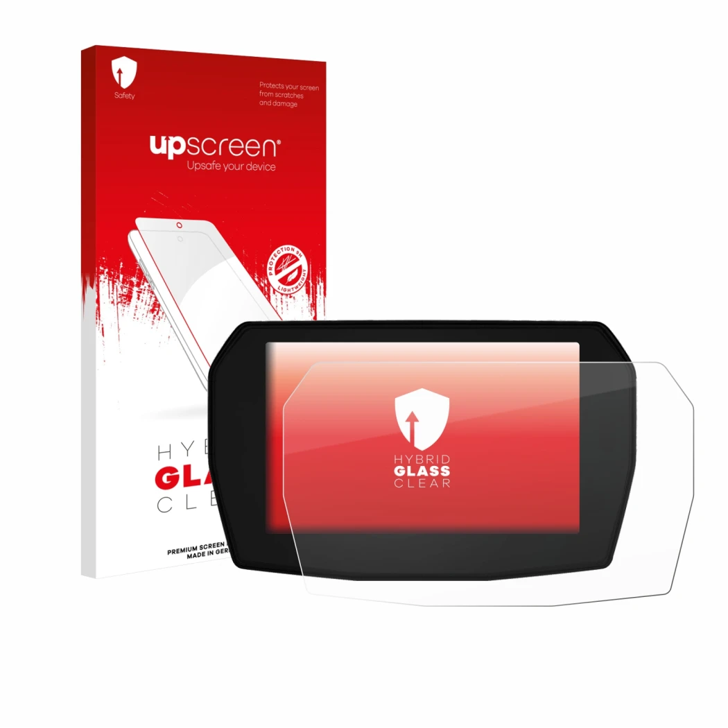 Front side of a product packaging with the brand logo upscreen. Next to it is the device Ducati Multistrada V2 2025 shown with