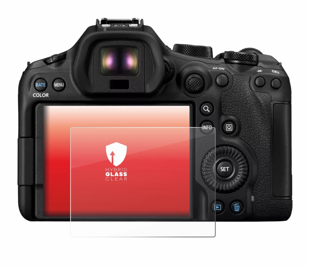 Image of the device Canon EOS R6 Mark III with a wide variety of screen protectors.