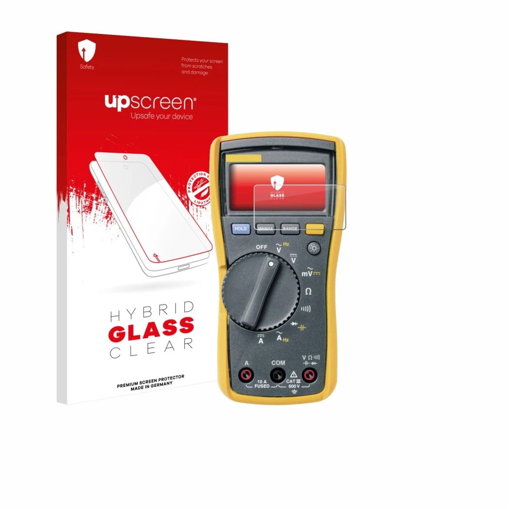 Front side of a product packaging with the brand logo upscreen. Next to it is the device Fluke MultiMeter 115 shown with the c
