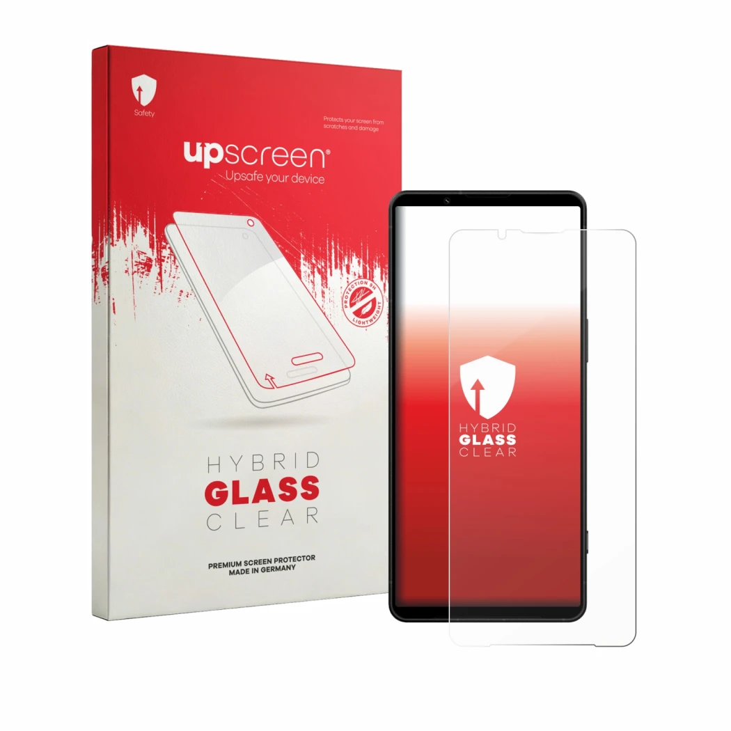 Front side of a product packaging with the brand logo upscreen. Next to it is the device Sony Xperia 1 VIII shown with the cor