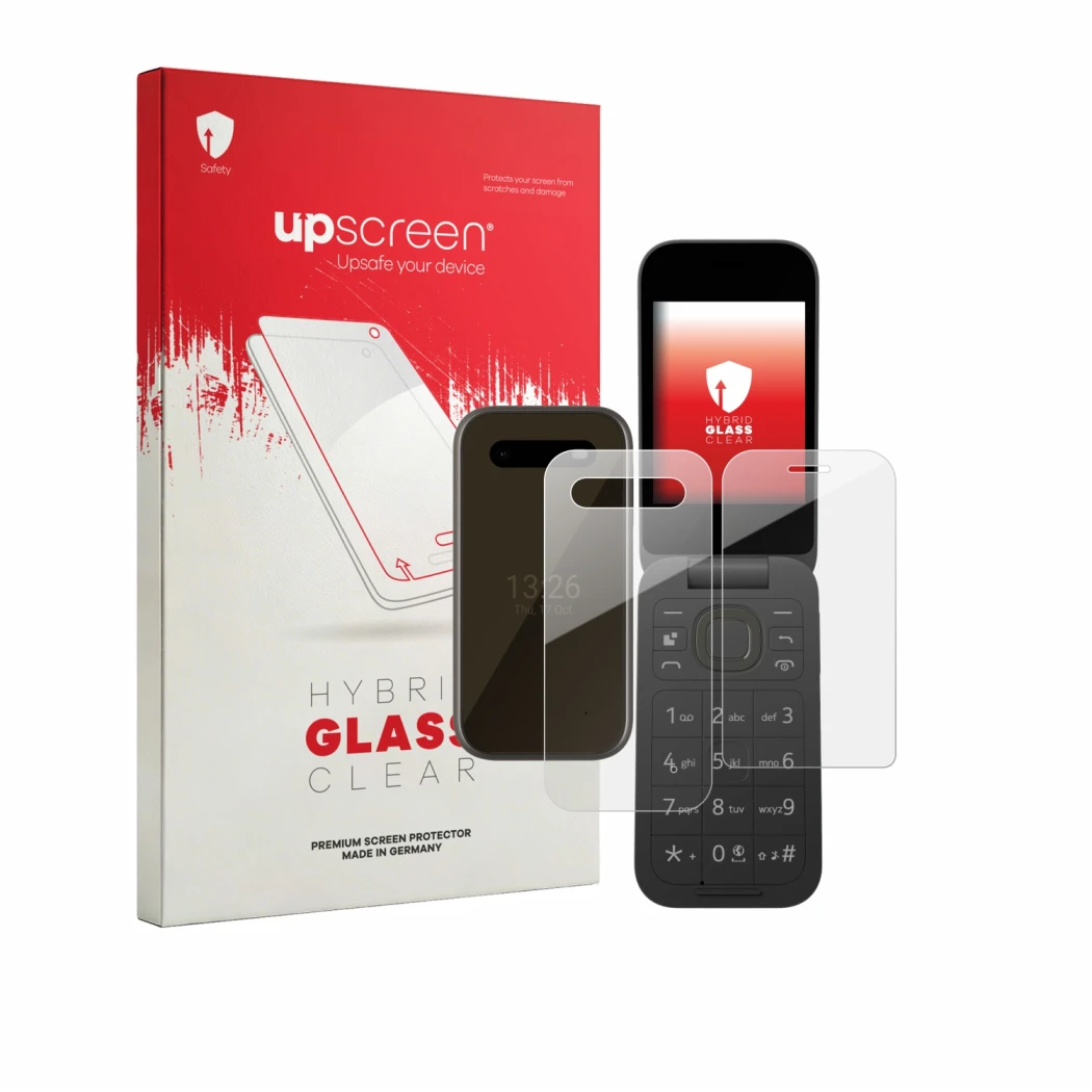Front side of a product packaging with the brand logo upscreen. Next to it is the device HMD 2660 Flip 4G (Front+Back) shown w