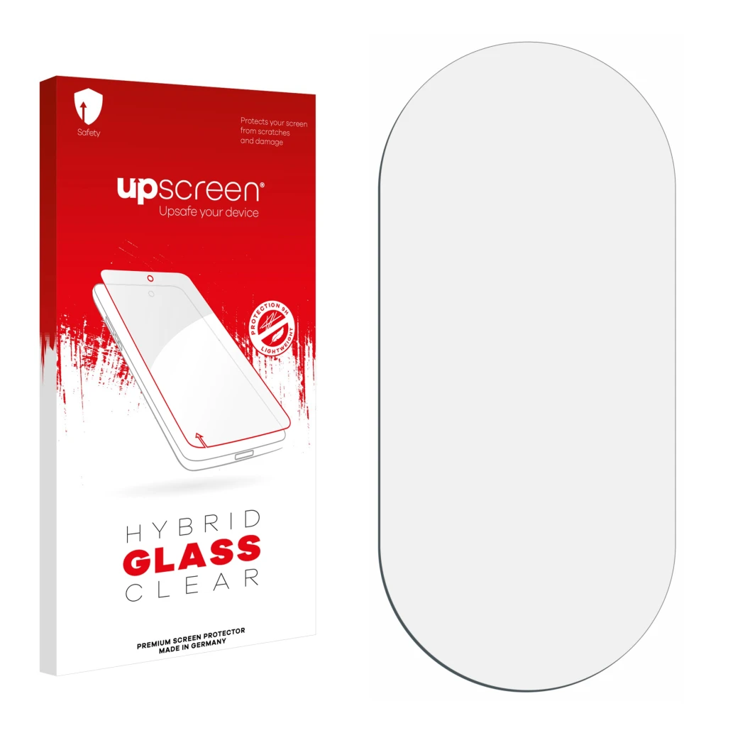 Front side of a product packaging with the brand logo upscreen. Next to it is the corresponding screen protector.