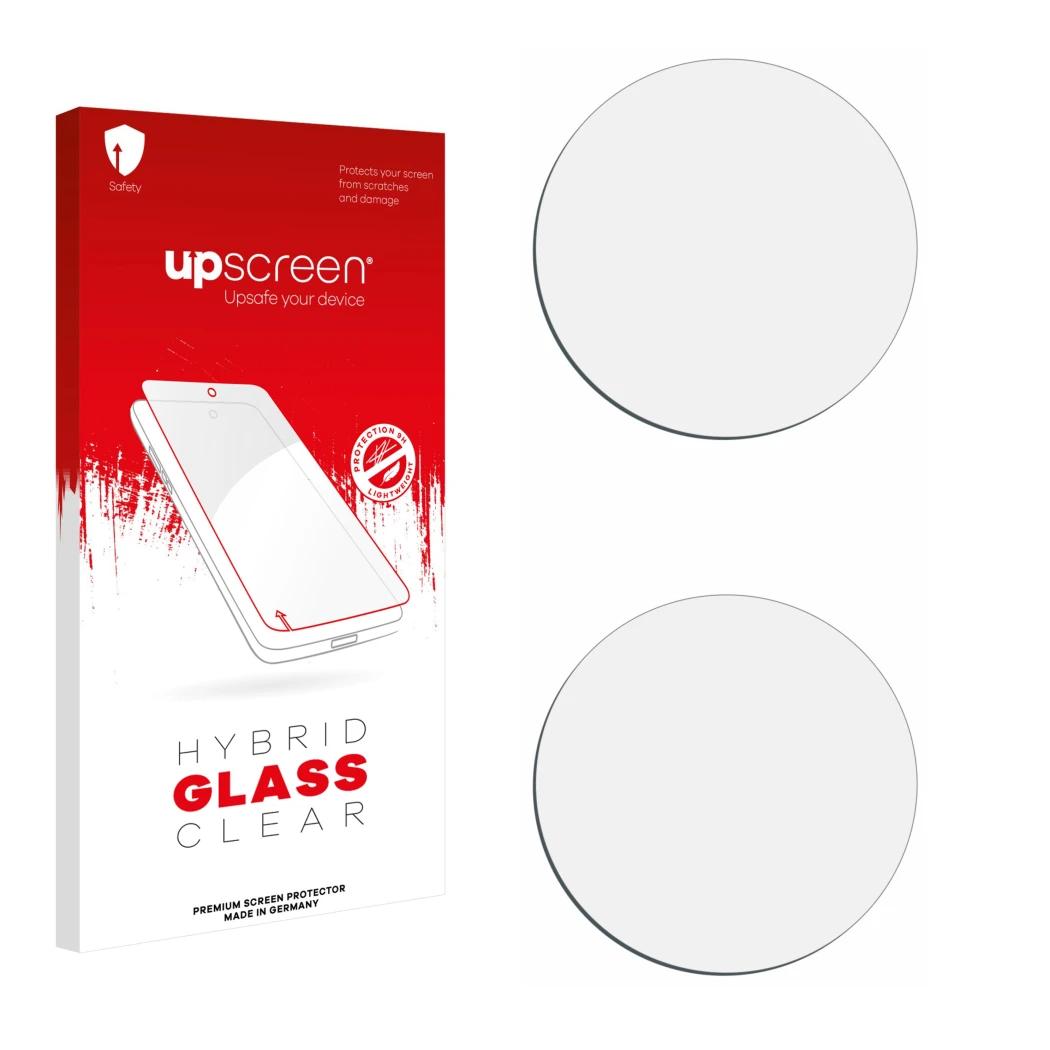 Front side of a product packaging with the brand logo upscreen. Next to it is the corresponding screen protector.