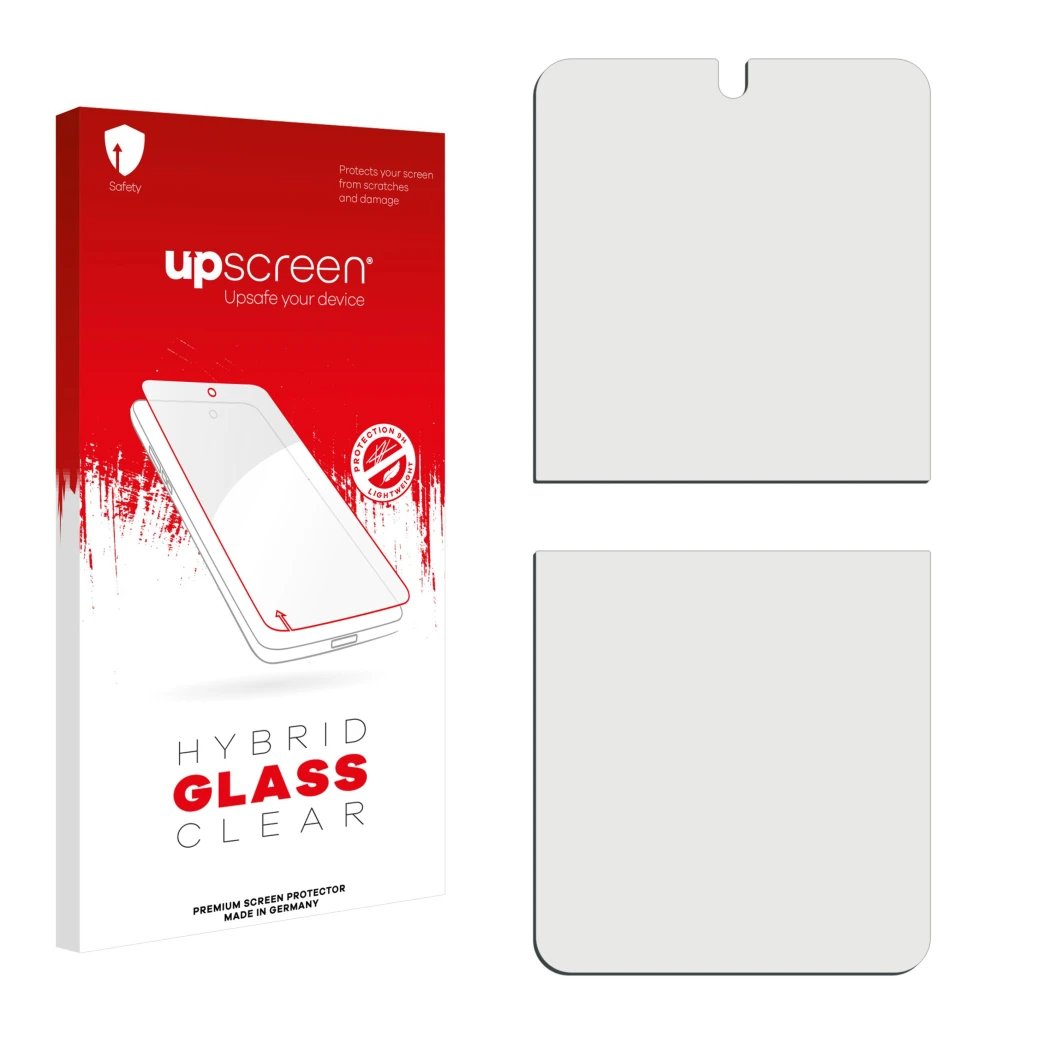 Front side of a product packaging with the brand logo upscreen. Next to it is the corresponding screen protector.