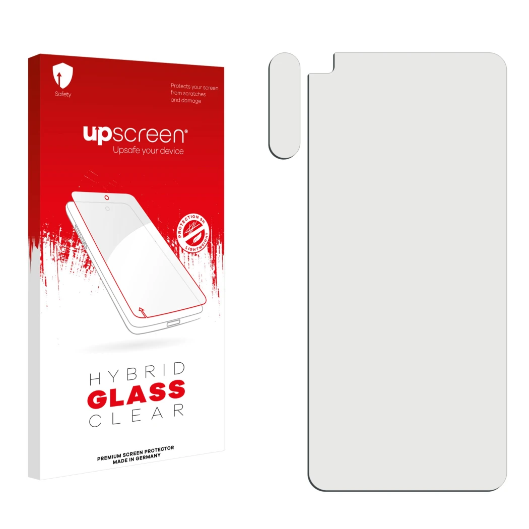 Front side of a product packaging with the brand logo upscreen. Next to it is the corresponding screen protector.