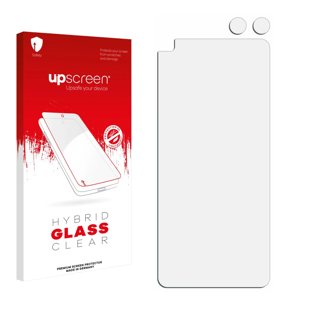Front side of a product packaging with the brand logo upscreen. Next to it is the corresponding screen protector.