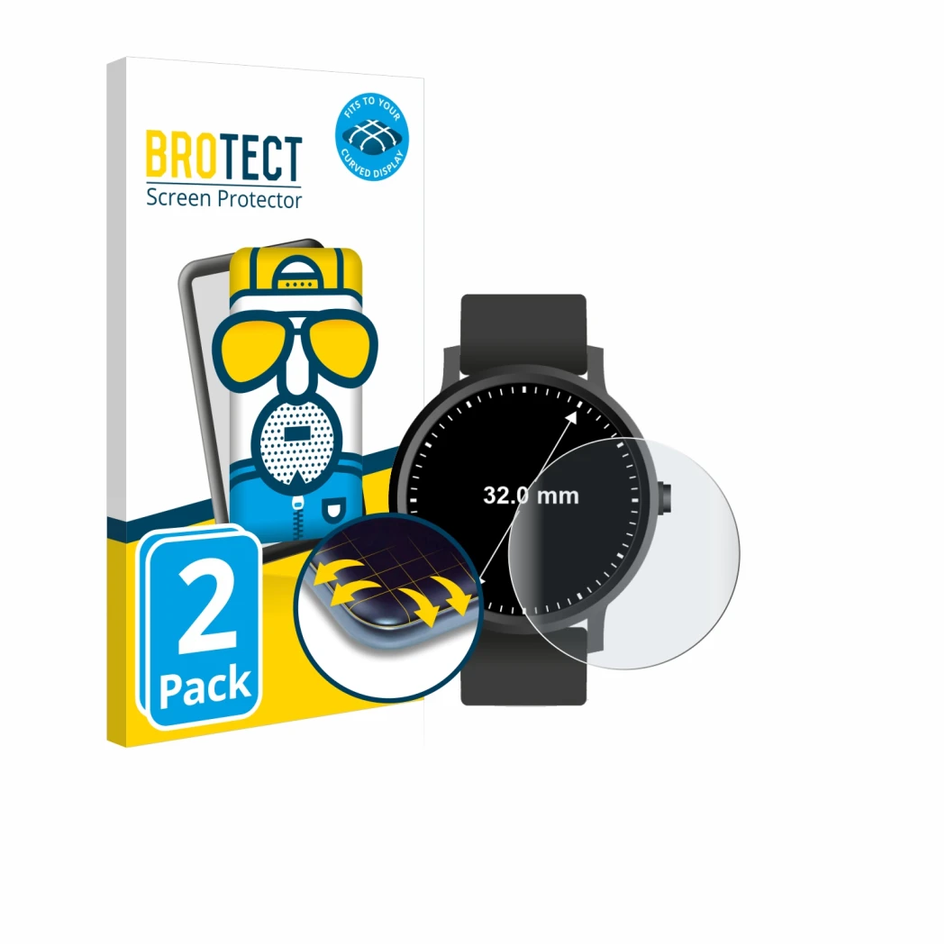 Front side of a product packaging with the brand logo BROTECT. Next to it is the device Watches (Circular, ø: 32 mm) shown wit