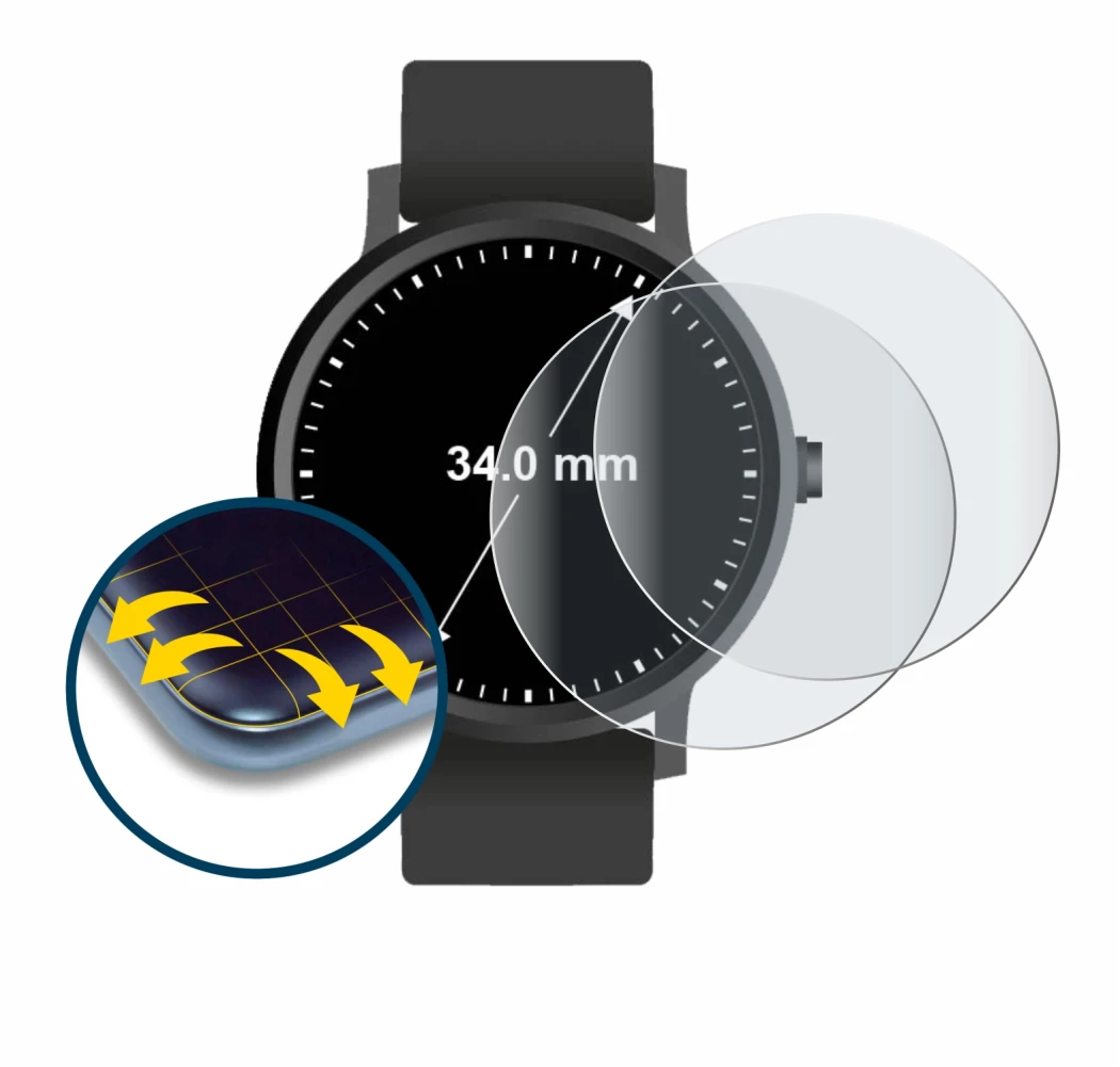 Image of the device Watches (Circular, ø: 34 mm) with a wide variety of screen protectors.