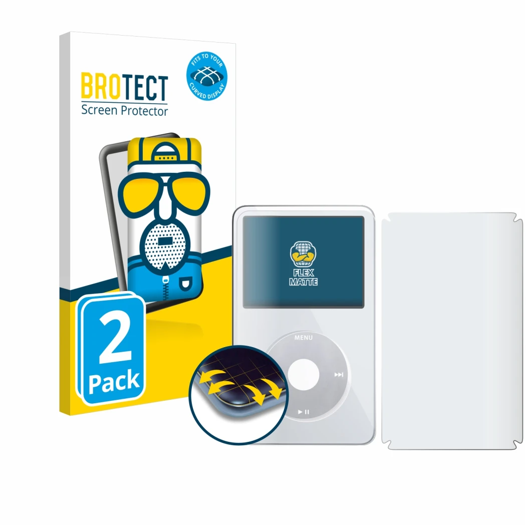 Front side of a product packaging with the brand logo BROTECT. Next to it is the device Apple iPod Classic Video (Front+Back)