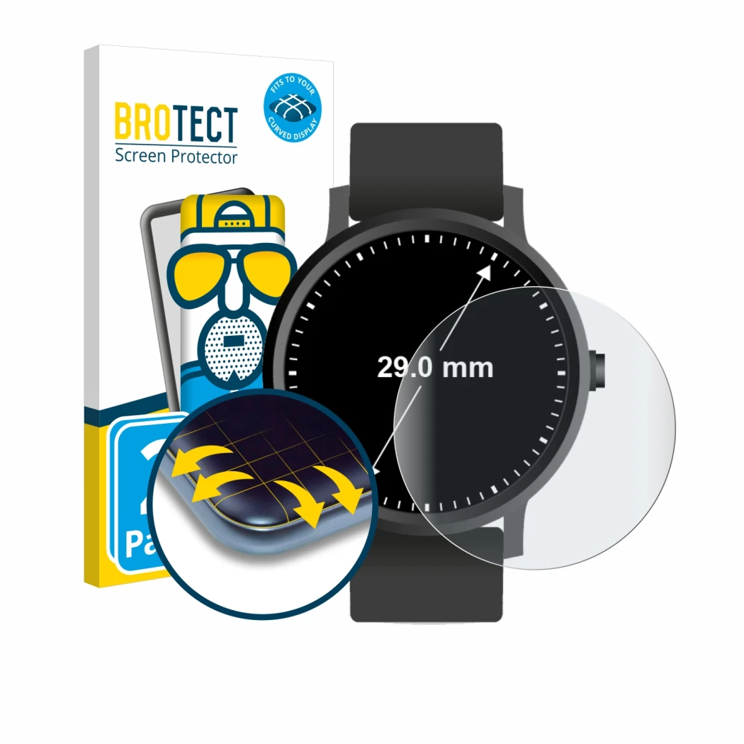 Front side of a product packaging with the brand logo BROTECT. Next to it is the device Watches (Circular, ø: 29 mm) shown wit