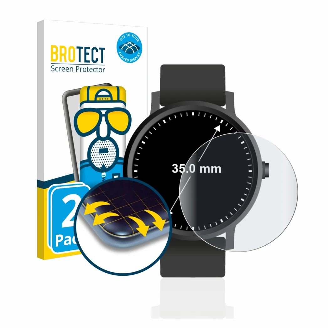 Front side of a product packaging with the brand logo BROTECT. Next to it is the device Watches (Circular, ø: 35 mm) shown wit