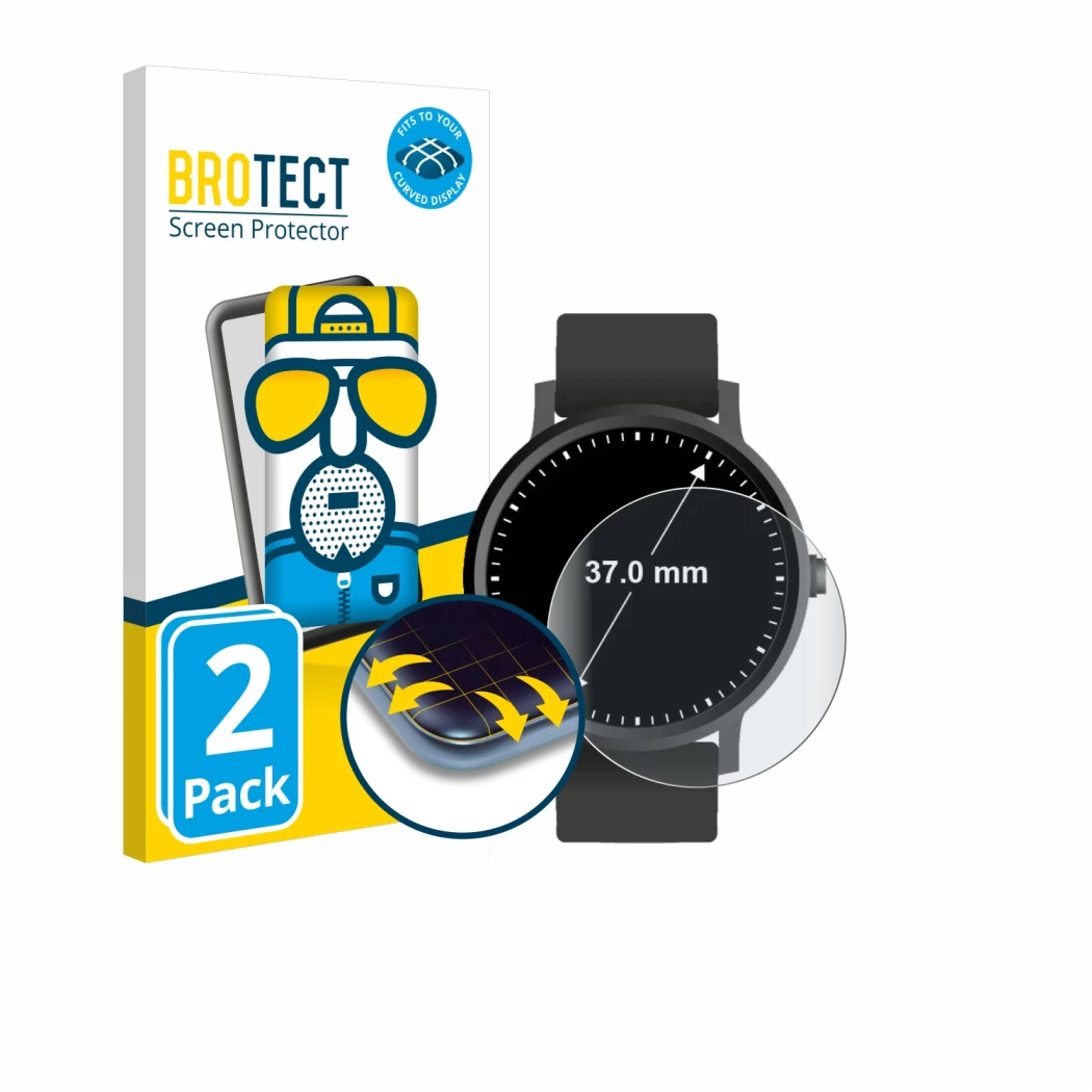 Front side of a product packaging with the brand logo BROTECT. Next to it is the device Watches (Circular, ø: 37 mm) shown wit