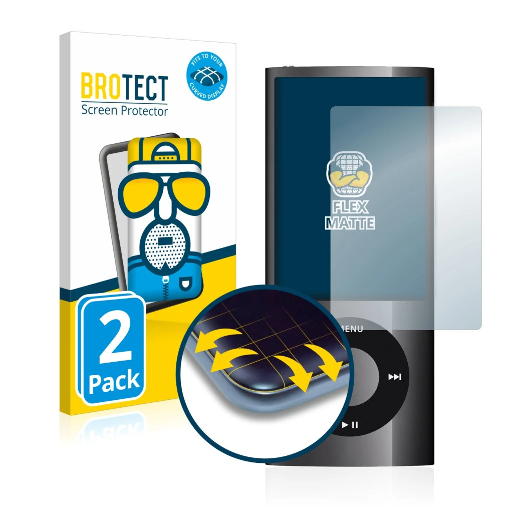 Front side of a product packaging with the brand logo BROTECT. Next to it is the device Apple iPod nano 2009 (5th. Gen.) shown