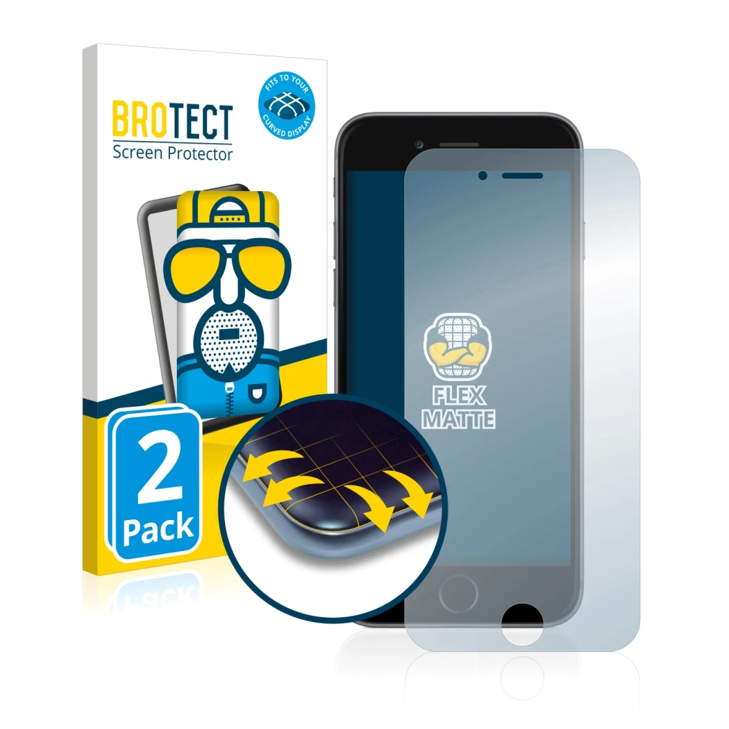 Front side of a product packaging with the brand logo BROTECT. Next to it is the device Apple iPhone 6 shown with the correspo