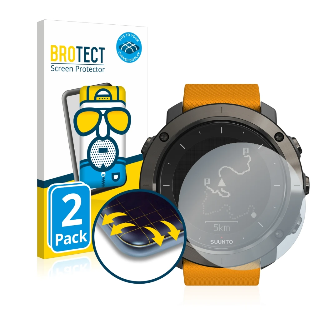 Front side of a product packaging with the brand logo BROTECT. Next to it is the device Suunto Traverse shown with the corresp