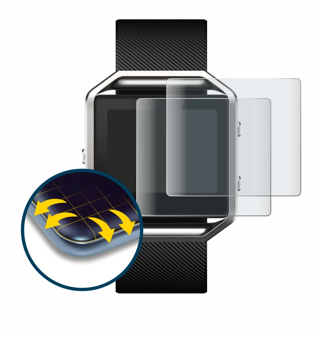 Image of the device Fitbit Blaze with a wide variety of screen protectors.