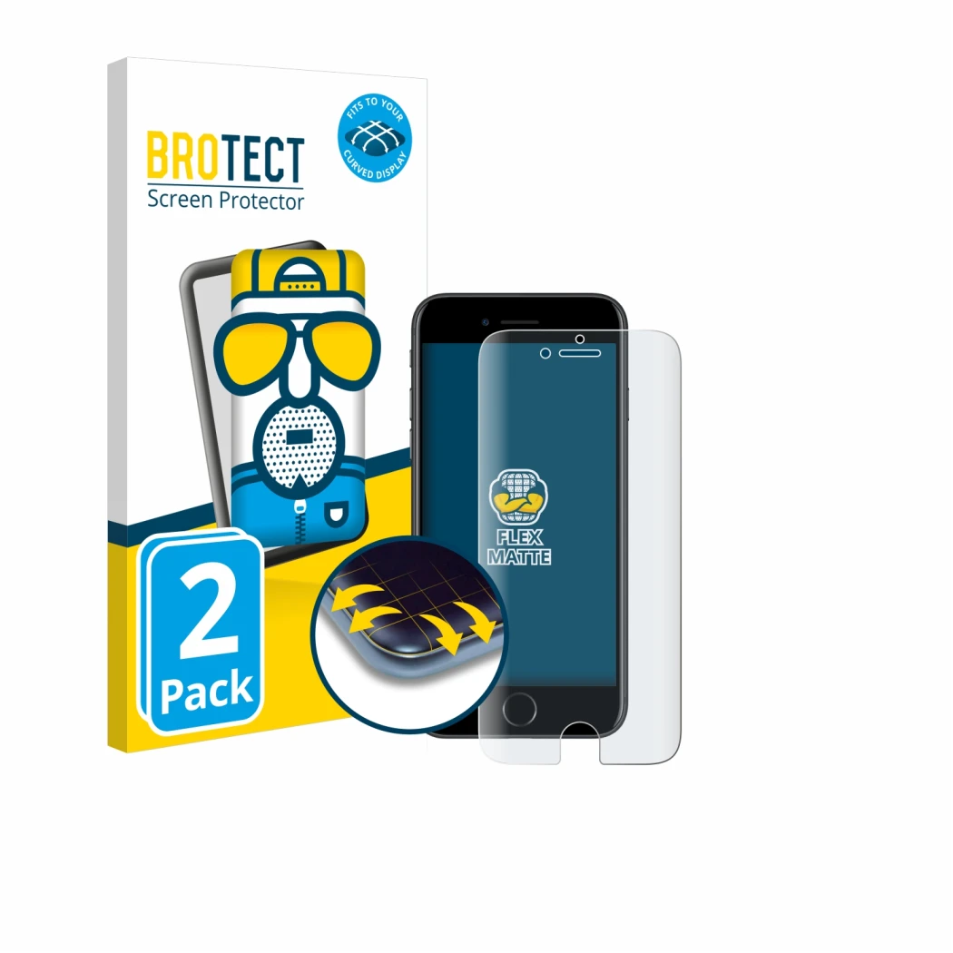 Front side of a product packaging with the brand logo BROTECT. Next to it is the device Apple iPhone 7 shown with the correspo
