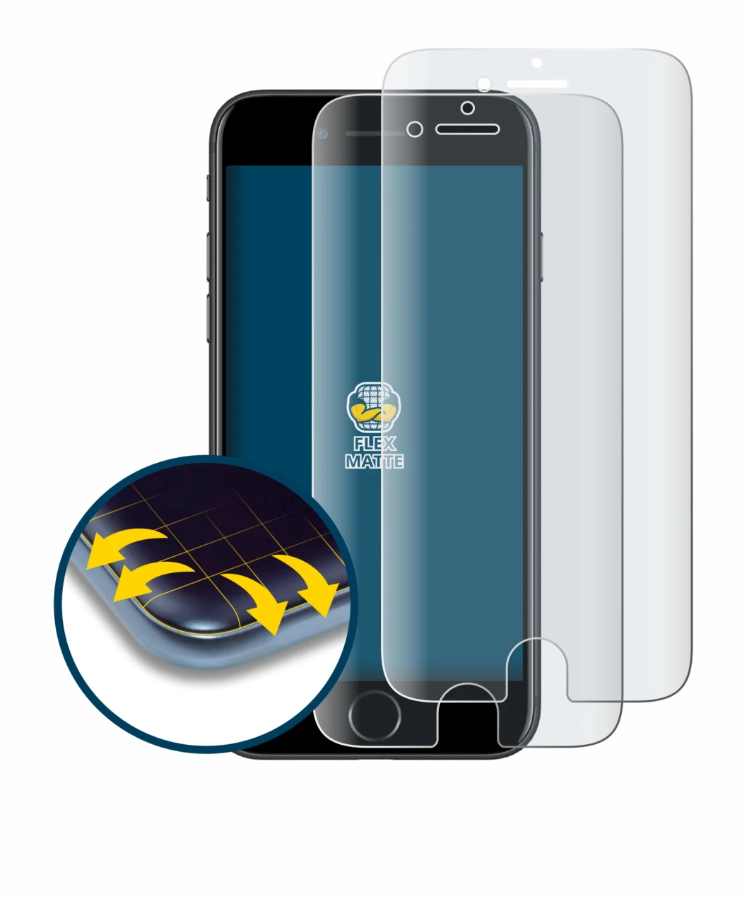Image of the device Apple iPhone 7 with a wide variety of screen protectors.