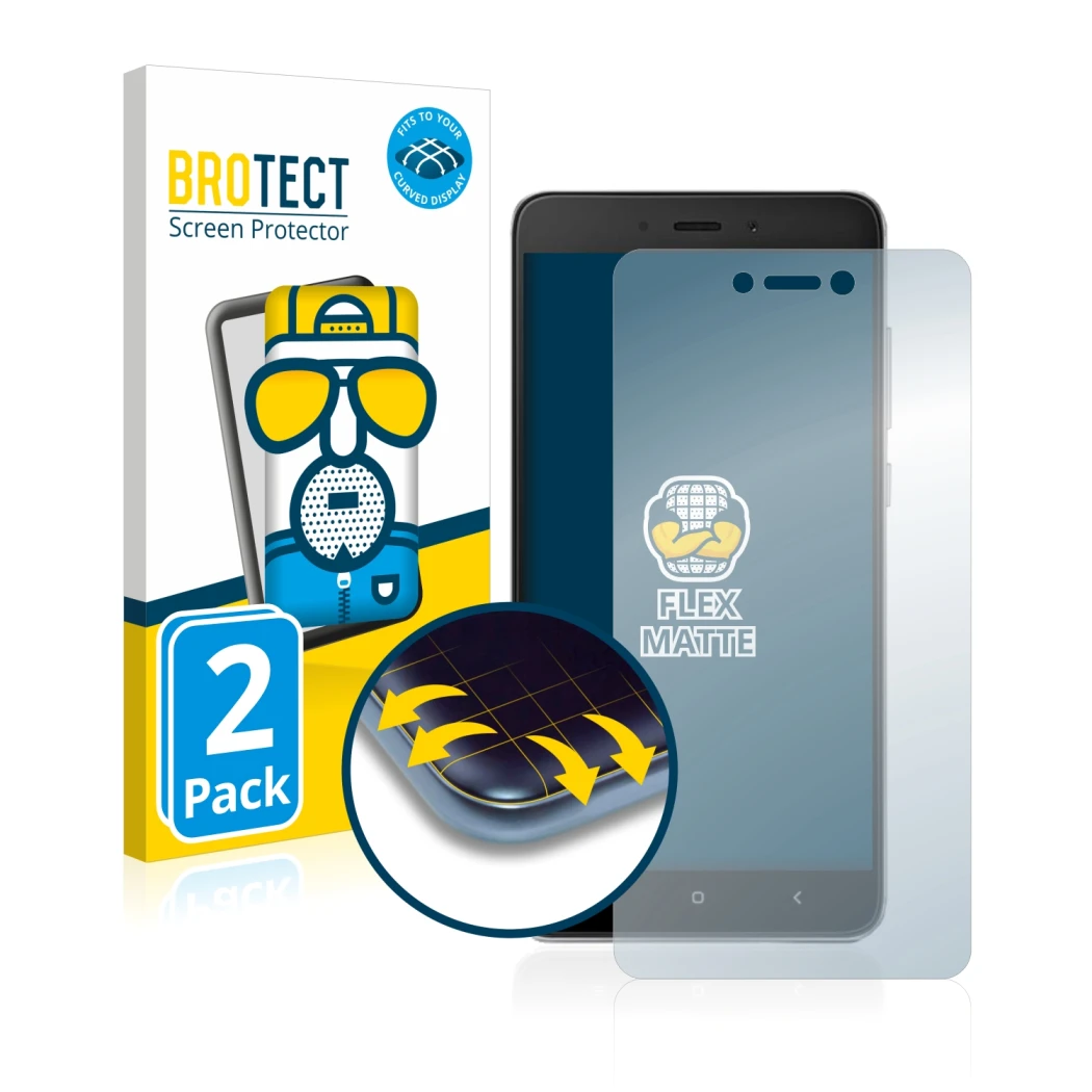 Front side of a product packaging with the brand logo BROTECT. Next to it is the device Xiaomi Redmi Note 4 shown with the cor