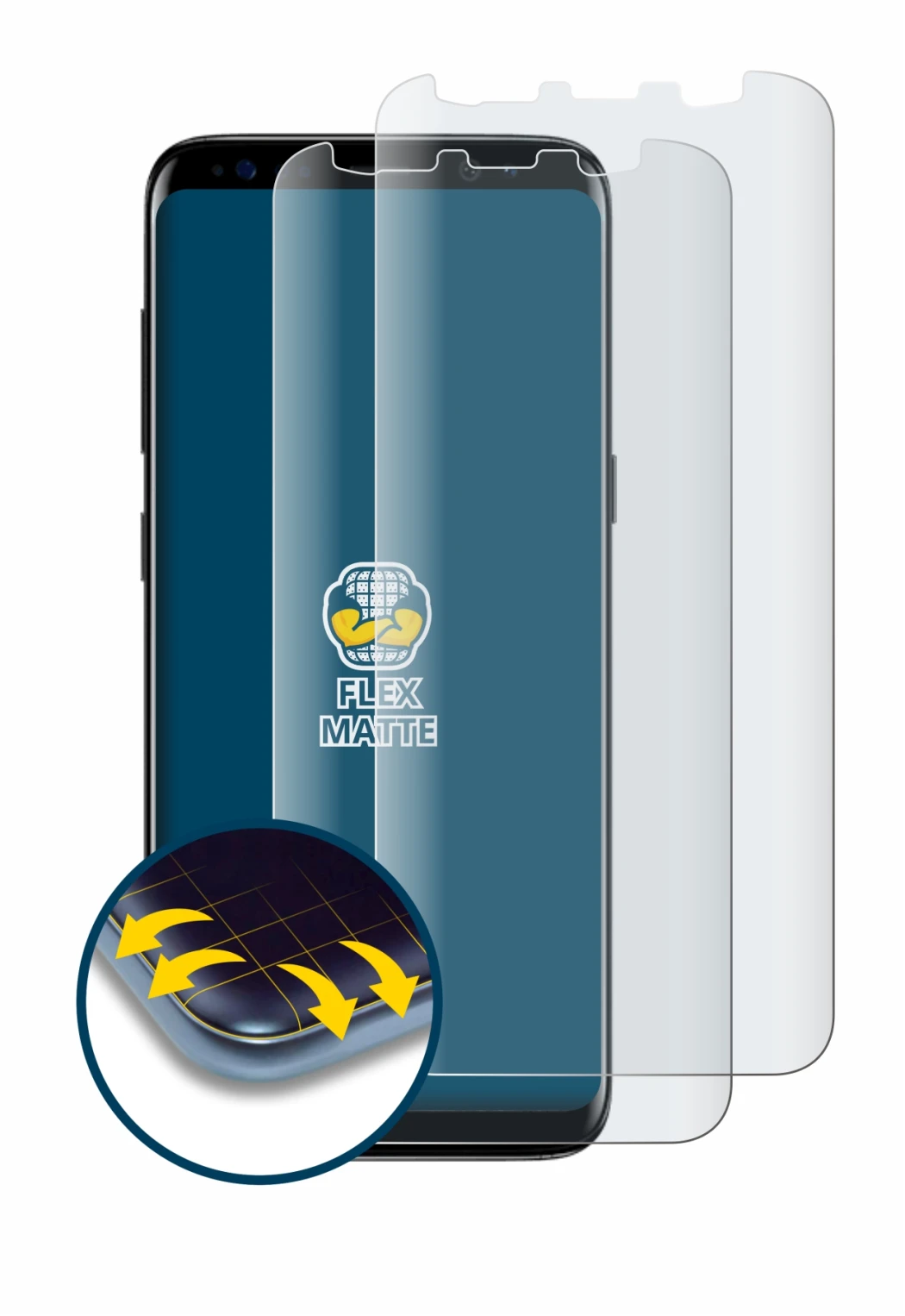 Image of the device Samsung Galaxy S8 with a wide variety of screen protectors.