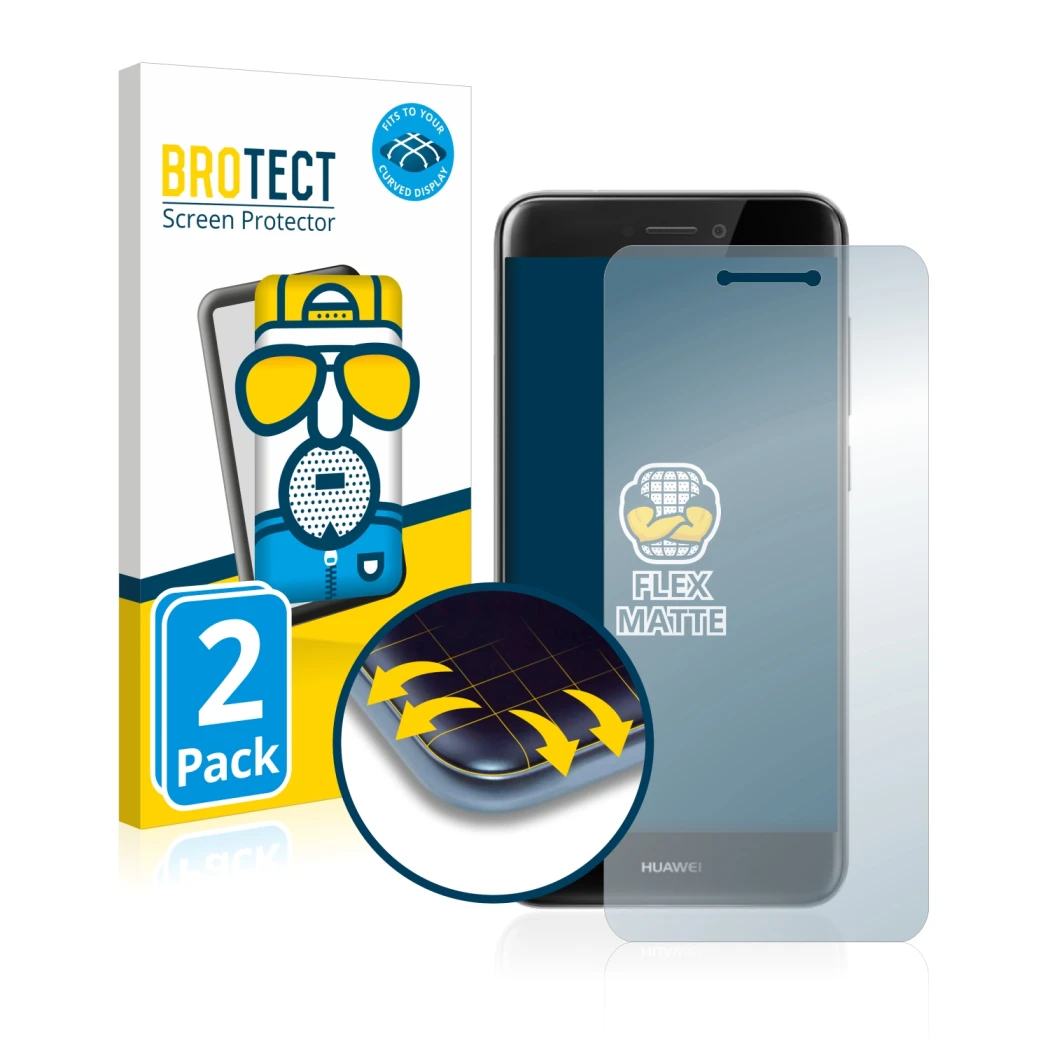 Front side of a product packaging with the brand logo BROTECT. Next to it is the device Huawei P8 Lite 2017 shown with the cor