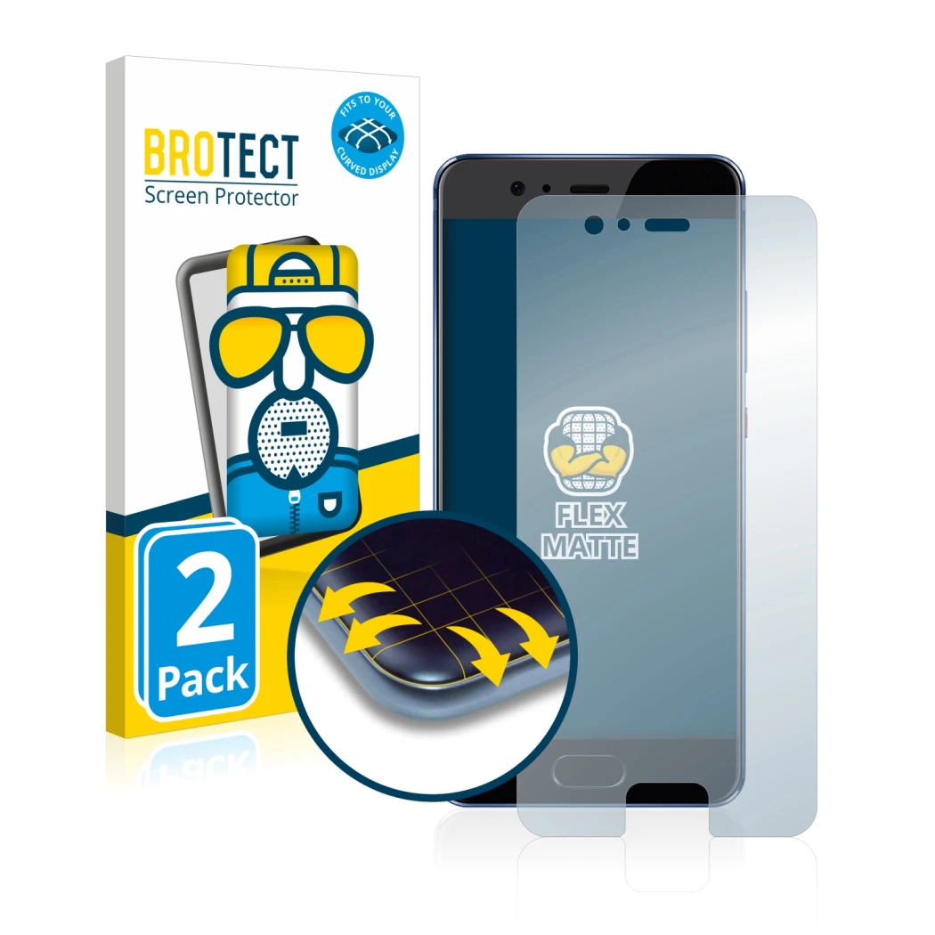 Front side of a product packaging with the brand logo BROTECT. Next to it is the device Huawei P10 shown with the correspondin