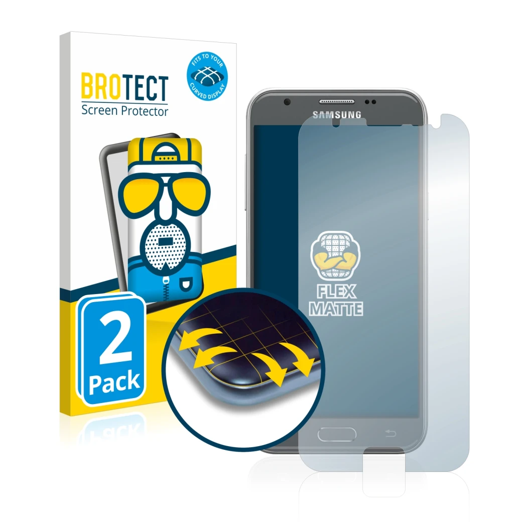 Front side of a product packaging with the brand logo BROTECT. Next to it is the device Samsung Galaxy J3 2017 shown with the 