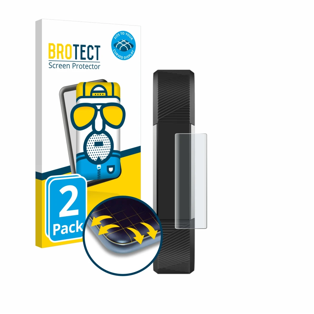 Front side of a product packaging with the brand logo BROTECT. Next to it is the device Fitbit Alta HR shown with the correspo