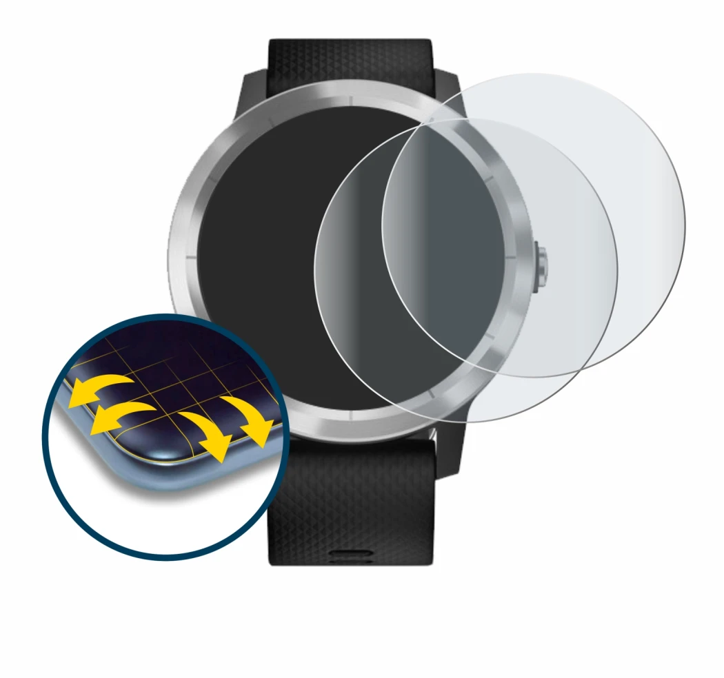 Image of the device Garmin vivoactive 3 with a wide variety of screen protectors.