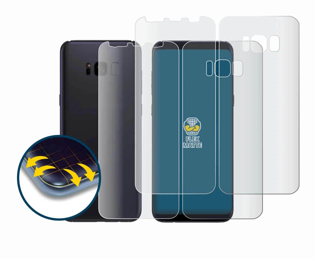 Image of the device Samsung Galaxy S8 (Front+Back) with a wide variety of screen protectors.
