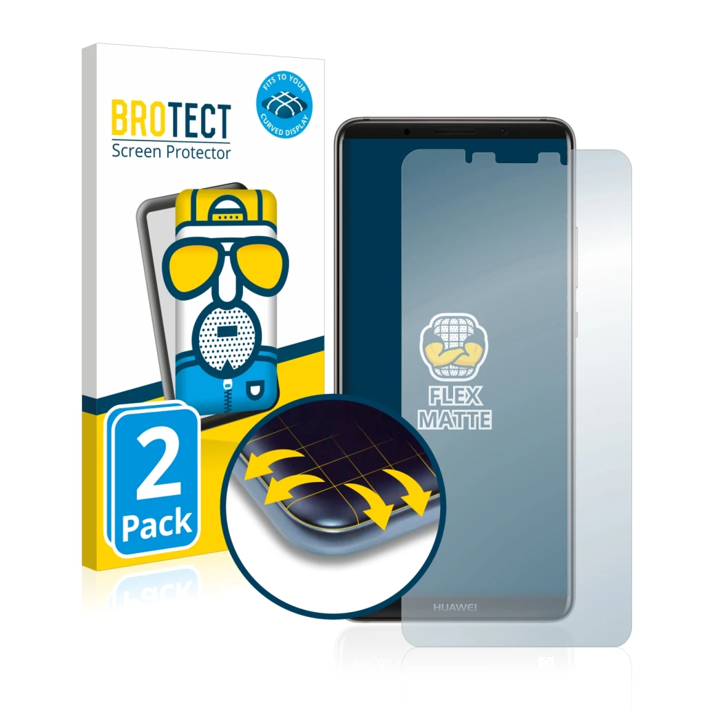 Front side of a product packaging with the brand logo BROTECT. Next to it is the device Huawei Mate 10 Pro shown with the corr