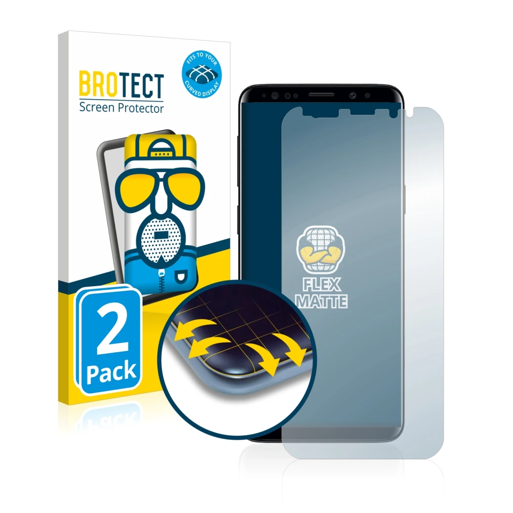 Front side of a product packaging with the brand logo BROTECT. Next to it is the device Samsung Galaxy S9 Plus shown with the
