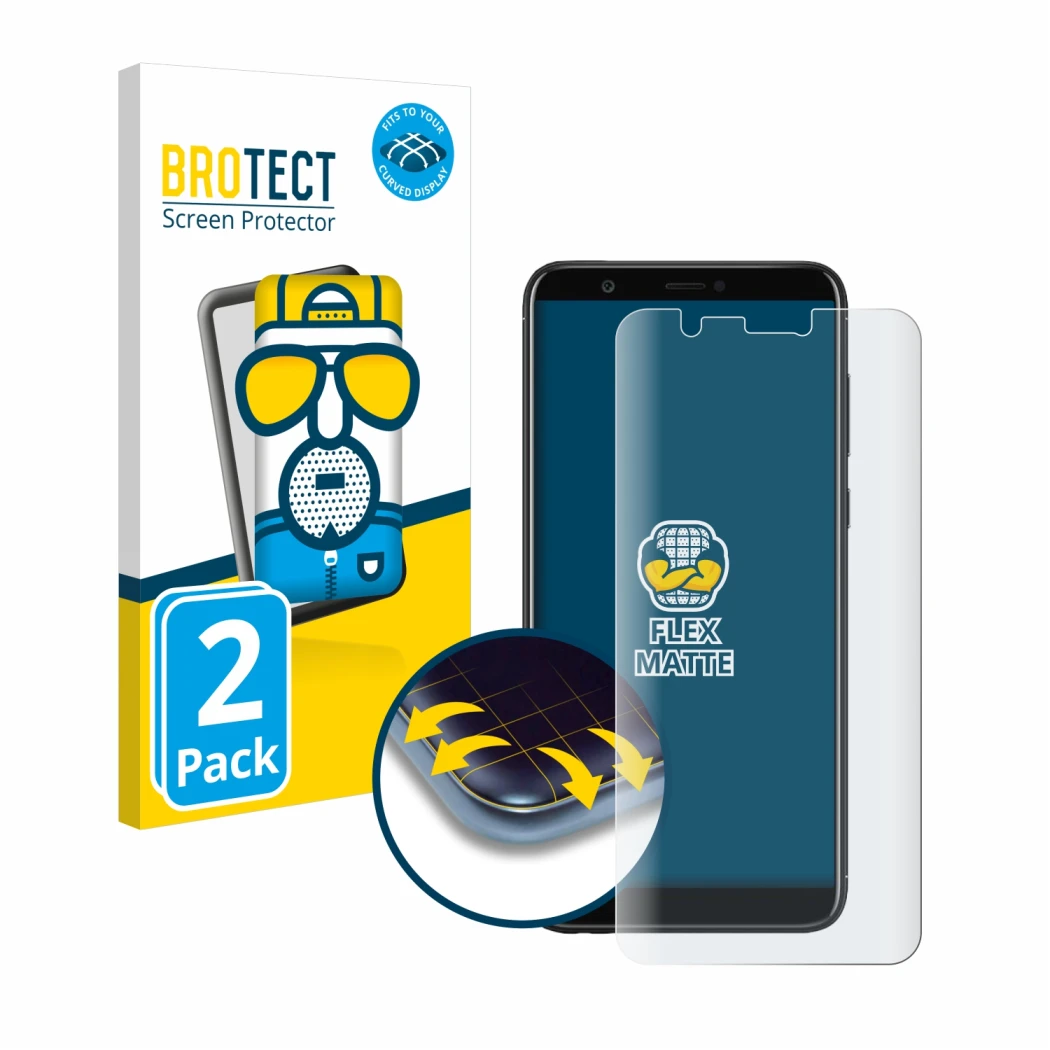 Front side of a product packaging with the brand logo BROTECT. Next to it is the device Huawei P smart 2018 shown with the cor