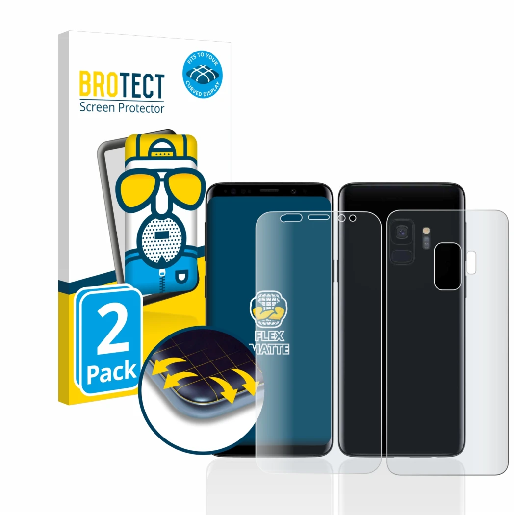Front side of a product packaging with the brand logo BROTECT. Next to it is the device Samsung Galaxy S9 (Front+Back) shown w