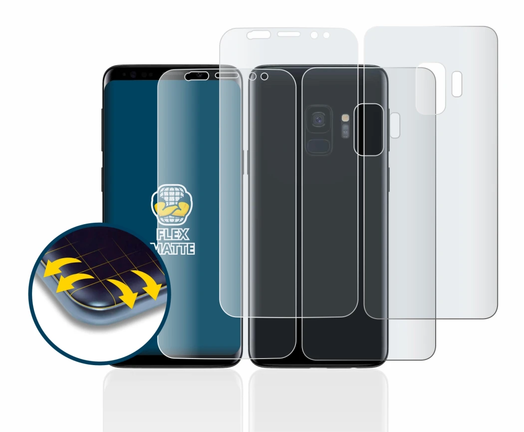 Image of the device Samsung Galaxy S9 (Front+Back) with a wide variety of screen protectors.