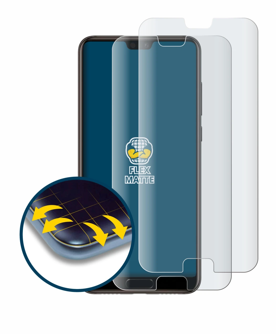 Image of the device Huawei P20 with a wide variety of screen protectors.