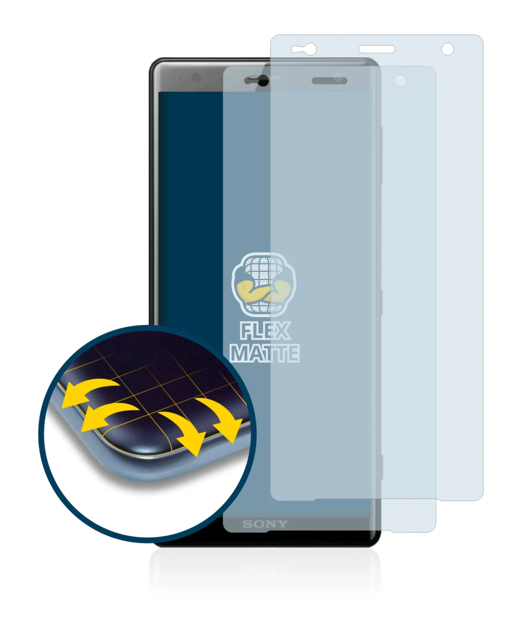 Image of the device Sony Xperia XZ2 with a wide variety of screen protectors.