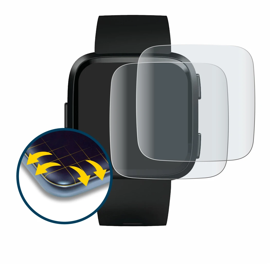 Image of the device Fitbit Versa with a wide variety of screen protectors.
