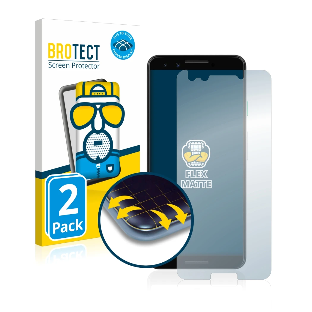 Front side of a product packaging with the brand logo BROTECT. Next to it is the device Google Pixel 3 shown with the correspo