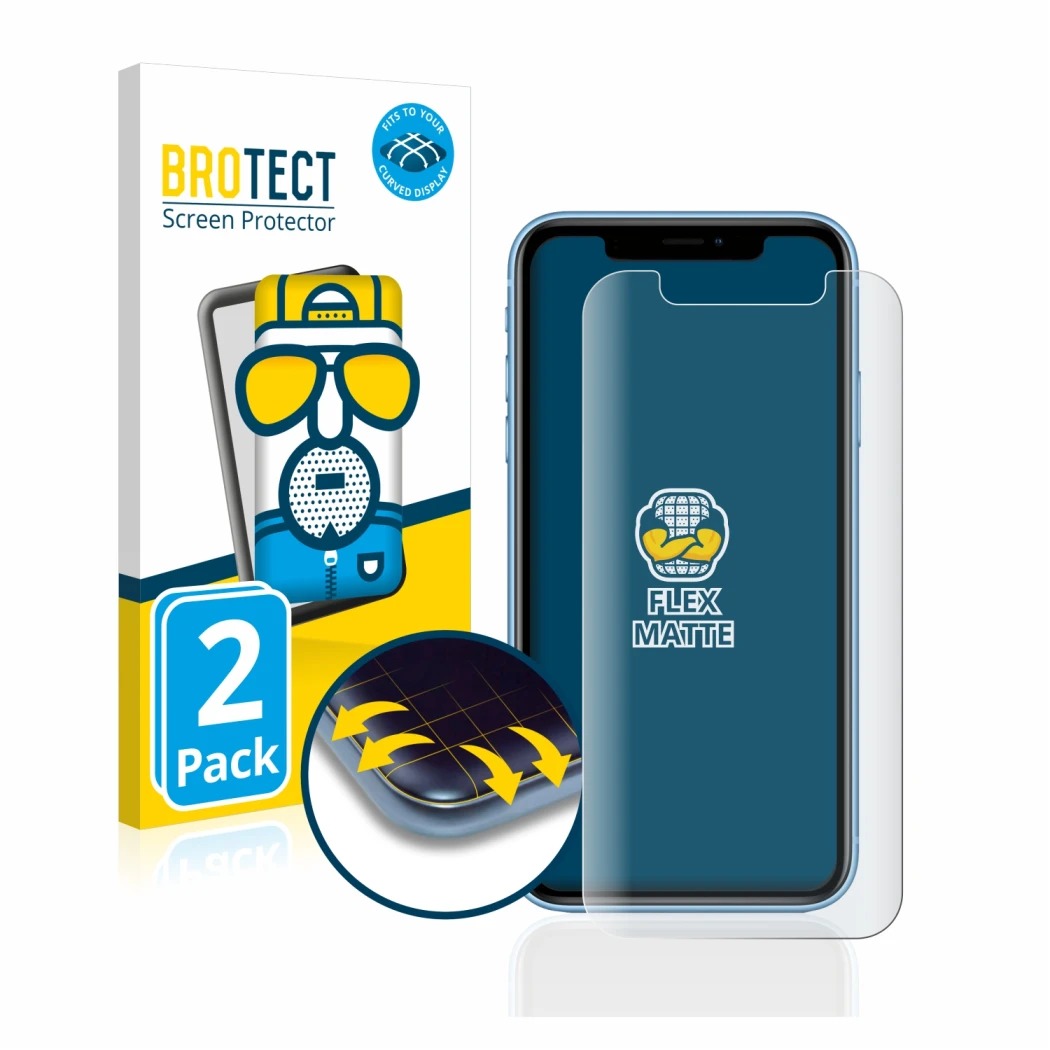 Front side of a product packaging with the brand logo BROTECT. Next to it is the device Apple iPhone XR shown with the corresp