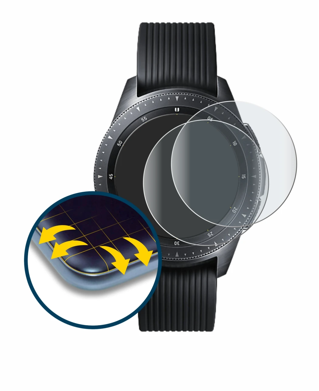 Image of the device Samsung Galaxy Watch (42 mm) with a wide variety of screen protectors.