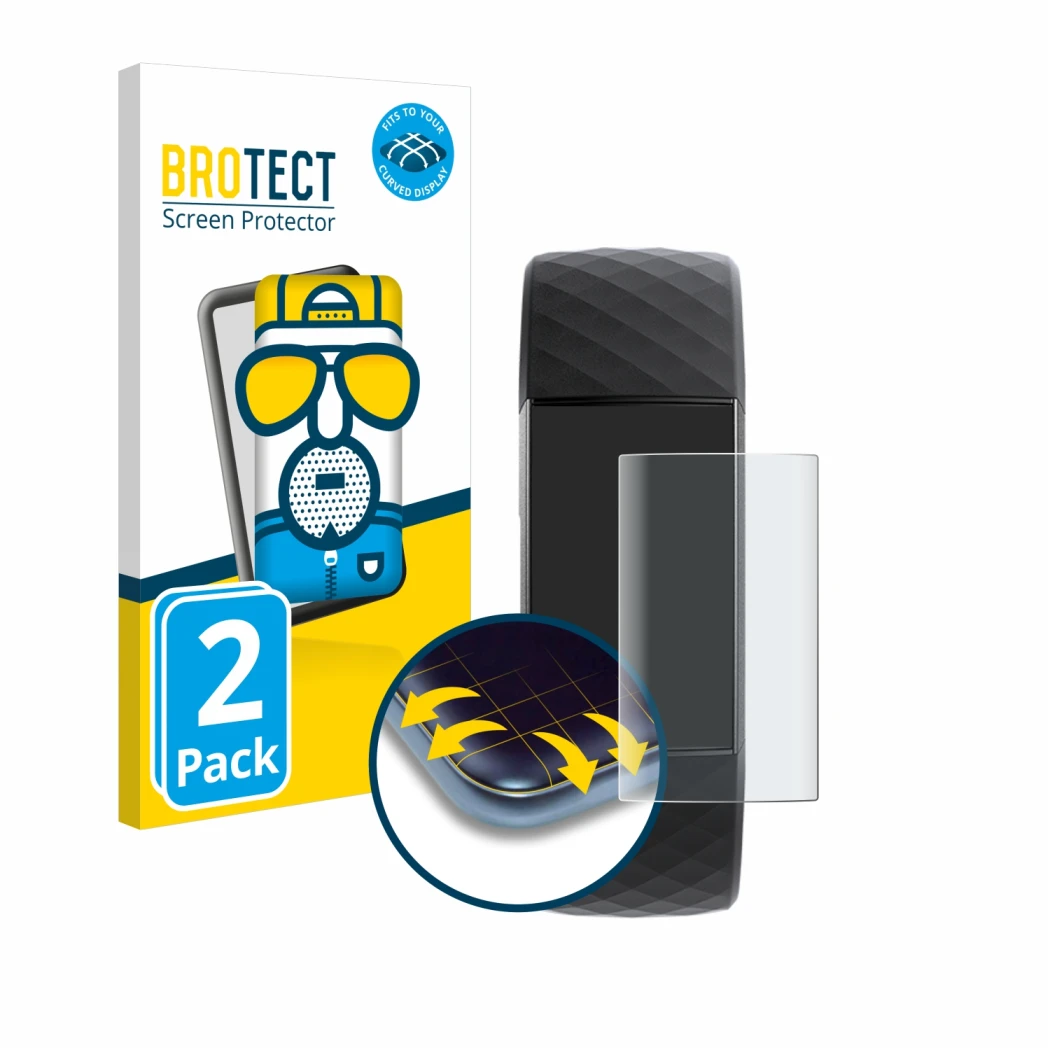 Front side of a product packaging with the brand logo BROTECT. Next to it is the device Fitbit Charge 3 shown with the corresp