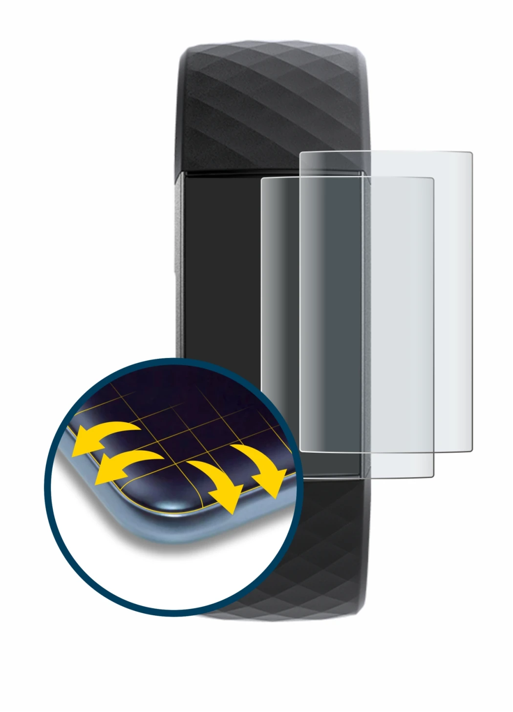 Image of the device Fitbit Charge 3 with a wide variety of screen protectors.