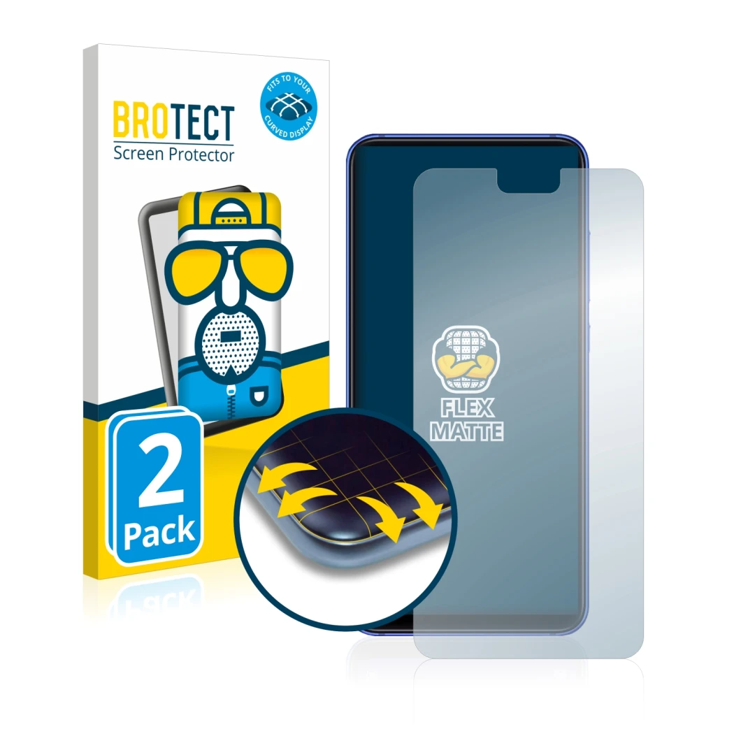 Front side of a product packaging with the brand logo BROTECT. Next to it is the device Xiaomi Mi 8 Lite shown with the corres