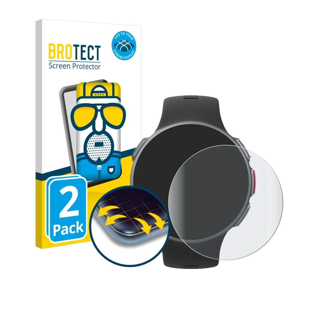 Front side of a product packaging with the brand logo BROTECT. Next to it is the device Polar Vantage V shown with the corresp