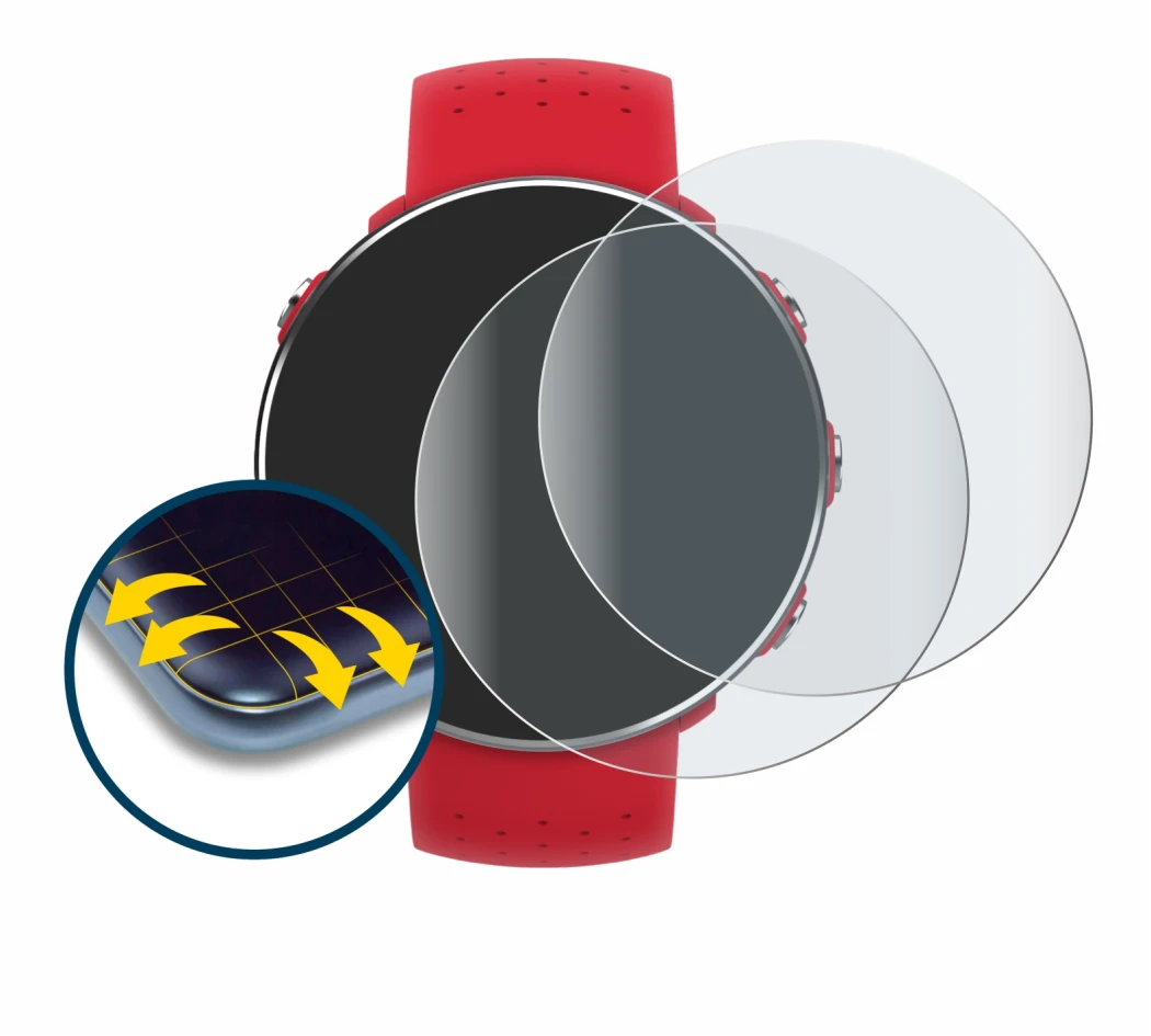 Image of the device Polar Vantage M with a wide variety of screen protectors.