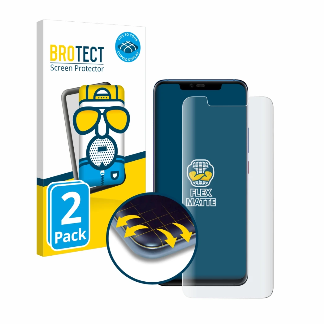 Front side of a product packaging with the brand logo BROTECT. Next to it is the device Huawei Mate 20 Pro shown with the corr